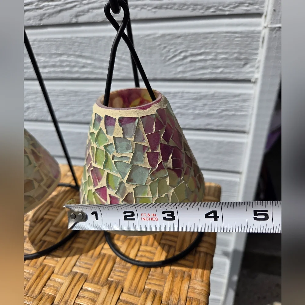 Mosaic Stained Glass Hanging Candle Holders - Multicolor - Set Of 2
